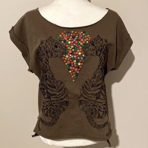 NWOT Love richie olive brown boxy jeweled sweatshirt top